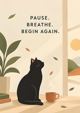 Pause Breathe Begin Again Cat Poster