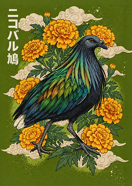 Nicobar Pigeon with Marigold Flowers