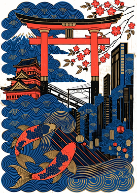 Japanese Harmony – Torii, Koi & Mount Fuji