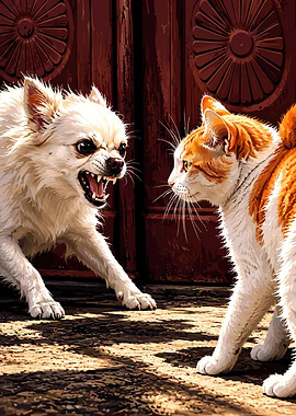 Aggressive Dog Confronting a Cat