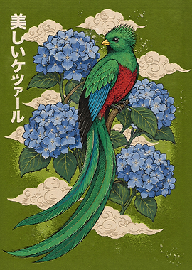 Resplendent Quetzal with Blue Hydrangeas