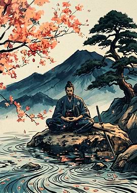 Samurai Meditation Japanese Ukiyo E Art Cherry Blossom Mountain River Landscape Poster