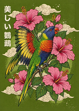 Vibrant Lorikeet and Hibiscus Illustration