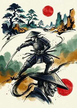 Samurai Warrior Japanese Watercolor Art Print Red Sun Pine Tree Mountain Landscape Poster