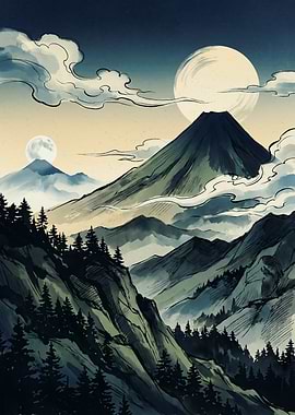 Mount Fuji Mountain Japanese Watercolor Art Print Full Moon Pine Trees Landscape Poster