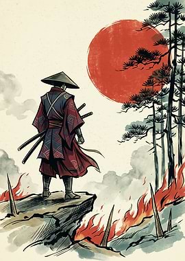 Samurai Warrior Japanese Art Print Red Sun Pine Tree Cliff Fire Landscape Poster