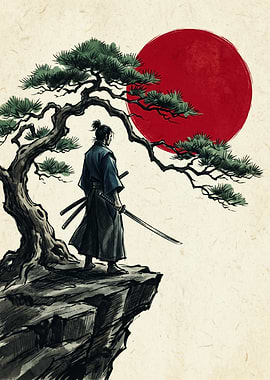 Samurai Warrior Japanese Ink Painting Pine Tree Red Sun Cliffside Wall Art Print