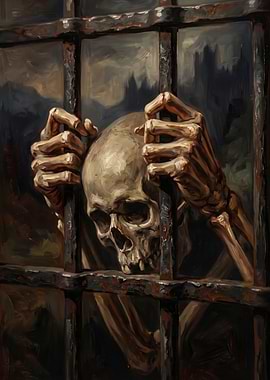 Skeleton Prisoner Behind Iron Bars