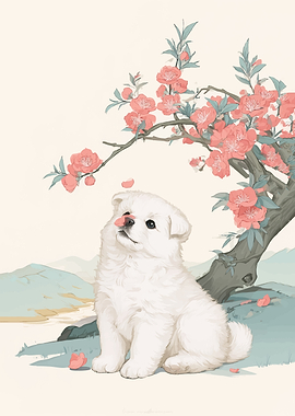 Cute White Puppy Under Cherry Blossoms