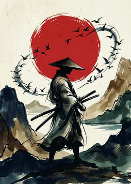 Samurai Warrior Japanese Watercolor Art Red Sun Flying Birds Mountain Landscape Print