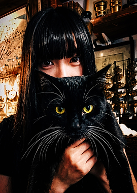 Young Woman Holding Black Cat