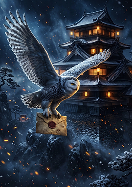 Snowy Owl Delivering Letter to Castle
