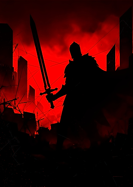 Knight Silhouette in Red Cityscape