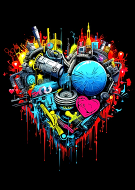Abstract Mechanical Heart Graffiti Art