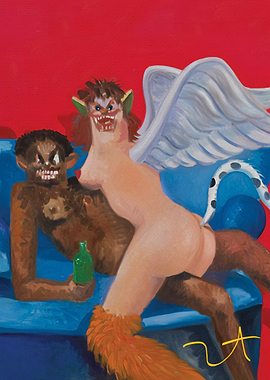 Surreal Creature Painting on Blue Sofa