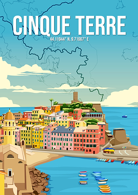 Cinque Terre Italy Coastal Village Illustrated Map