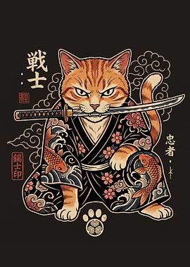 Samurai Cat with Katana Illustration