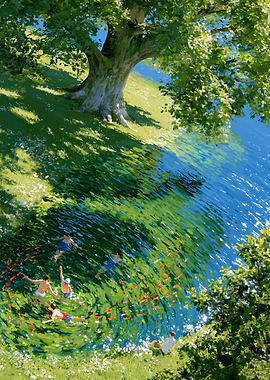 People Swimming in a Koi Pond