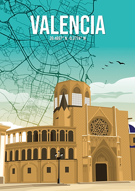 Valencia Spain Historic Landmarks City Map Metal Travel Art