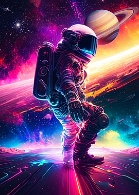Neon Astronaut Walking on Cosmic Surface