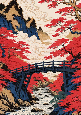Crimson Maple Bridge – Japanese Ukiyo-e