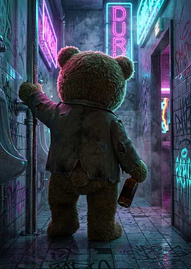 Cyberpunk Teddy Bear in Gritty Restroom