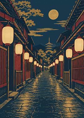 Lantern-Lit Japanese Street at Night