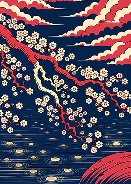 Japanese Art Poster: Cherry Blossom, Limited Colors