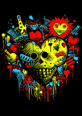 Neon Graffiti Skull Heart Art
