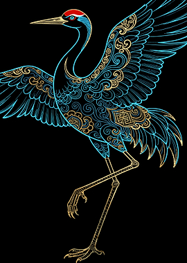 Ornate Japanese Red-Crowned Crane Illustration