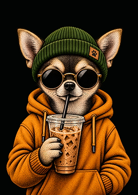Cool Chihuahua in Hoodie Drinking Iced Coffee
