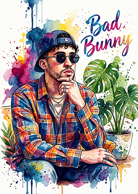 Bad Bunny Watercolor Portrait