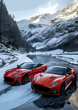 Two Red Aston Martins in Winter