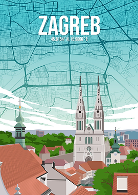 Zagreb Croatia Cathedral City Map Metal Travel Art