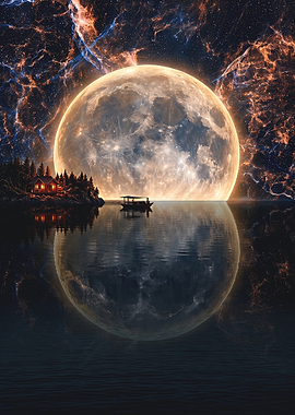 Giant Moon Over Serene Lake