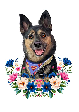 Super Dog Portrait with Floral Wreath