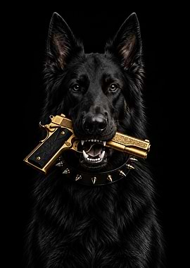 Black German Shepherd with Gold Pistol