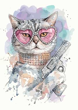 Glamorous Cat with Rhinestone Gun