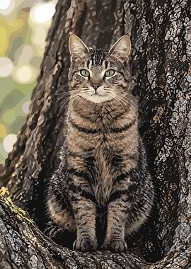 Tabby Cat Sitting in Tree