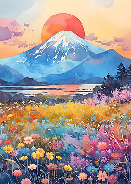 Mount Fuji Sunset Floral Landscape