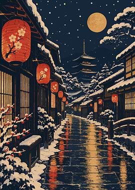 Snowy Japanese Street at Night
