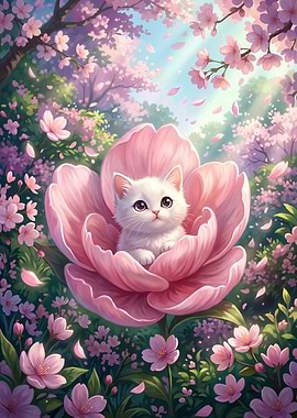 Cute White Kitten in Pink Flower
