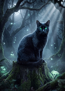 Mystical Black Cat in Enchanted Forest