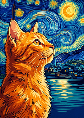 Ginger Cat Night Sky Art Poster