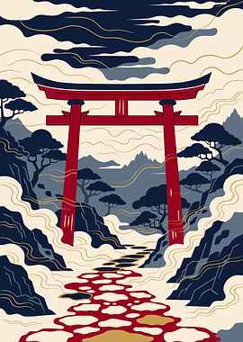 Japanese Torii Gate Ukiyo-e Metal Poster, No Text