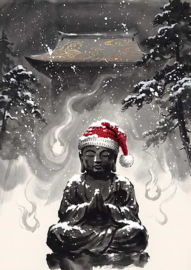 Buddha Statue in Santa Hat at Snowy Temple