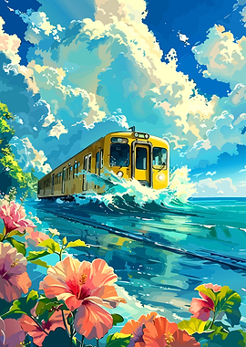 Yellow Train Traveling Through Ocean Waves