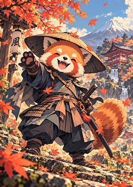 Red Panda Samurai in Autumn Japan