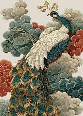 Elegant Peacock Amidst Stylized Clouds