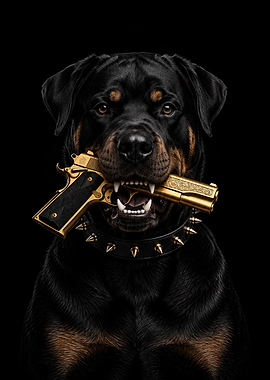 Rottweiler Holding Gold Pistol
